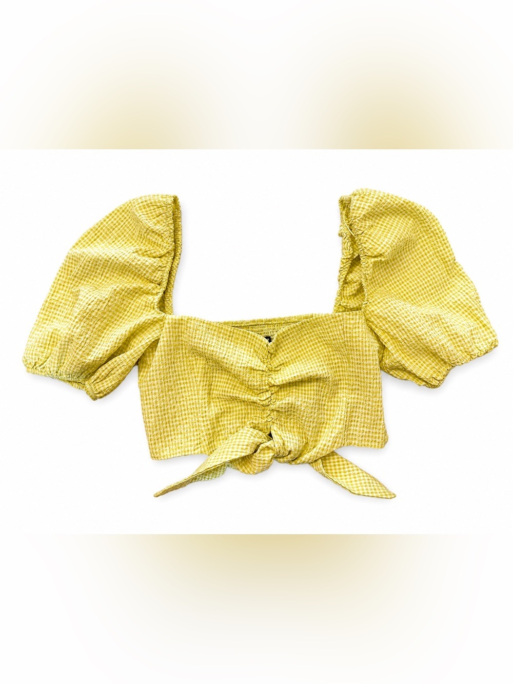 Zara Yellow Gingham Puff Sleeve Tie Front Crop Top | Seersucker | Size S